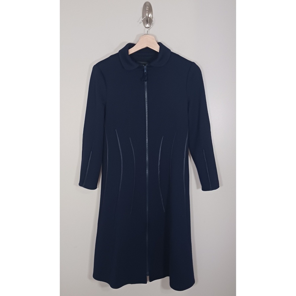 Ralph Rucci Wool Dress 6 Navy Leather Trim A Line Midi Designer USA